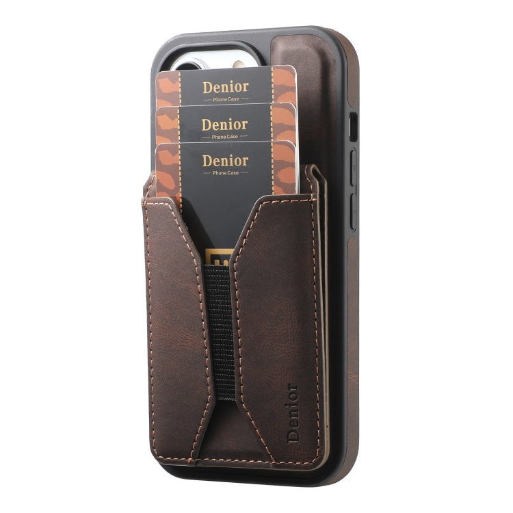 For iPhone 15 Denior D18 Skin Feel Rotating Holder MagSafe Detachable Card Slot Phone Case(Brown) - iPhone 15 Cases by Denior | Online Shopping UK | buy2fix