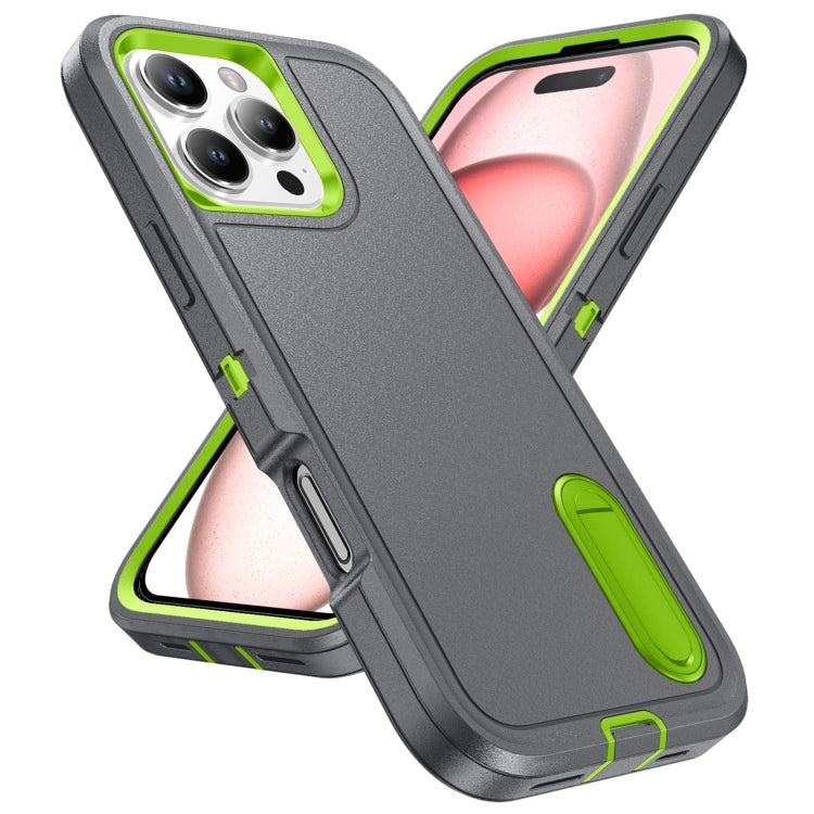 For iPhone 16 Pro Max Rugged PC + Silicone Phone Case with Holder(Grey+Fresh Green) - iPhone 16 Pro Max Cases by buy2fix | Online Shopping UK | buy2fix