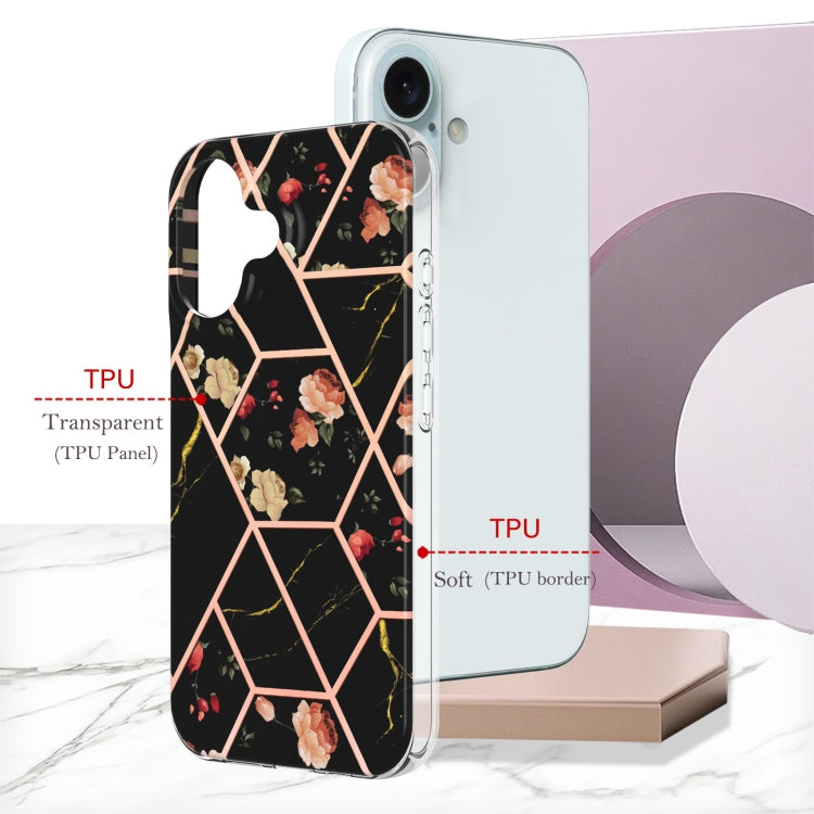 For iPhone 16 Plus Splicing Marble Flower IMD TPU Phone Case(Black Flower) - iPhone 16 Plus Cases by buy2fix | Online Shopping UK | buy2fix