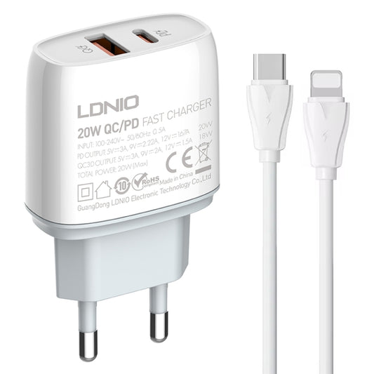 LDNIO Q229 QC3.0 / PD20W USB + Type-C Fast Charger with 1m Type-C to 8 Pin Cable, Plug Type:EU Plug(White) - USB Charger by LDNIO | Online Shopping UK | buy2fix