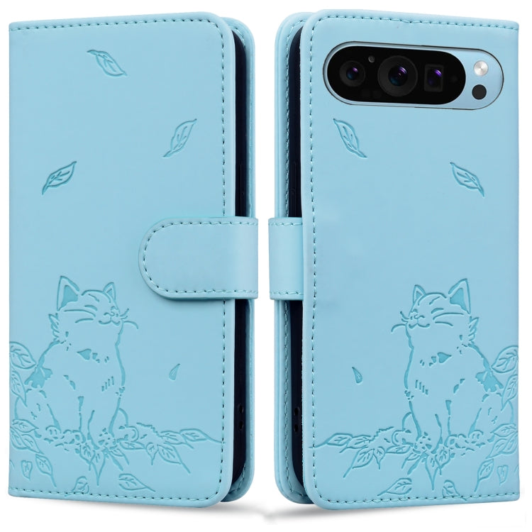 For Google Pixel 9 Pro XL Cute Cat Embossed Leather Phone Case(Sky Blue) - Google Cases by buy2fix | Online Shopping UK | buy2fix