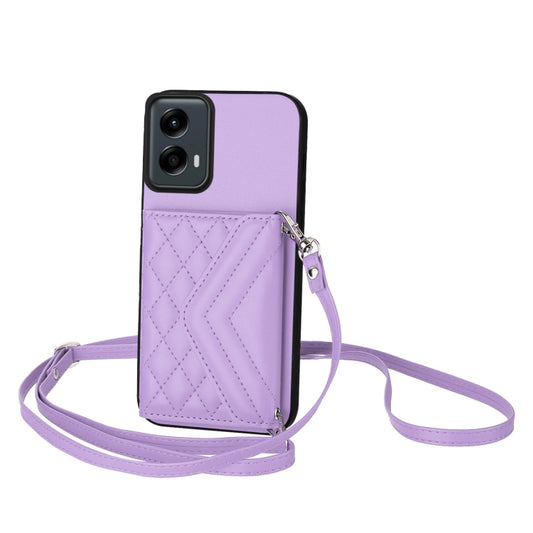 For Motorola Moto G 5G 2024 Rhombic Texture Card Bag RFID Phone Case with Long Lanyard(Light Purple) - Motorola Cases by buy2fix | Online Shopping UK | buy2fix