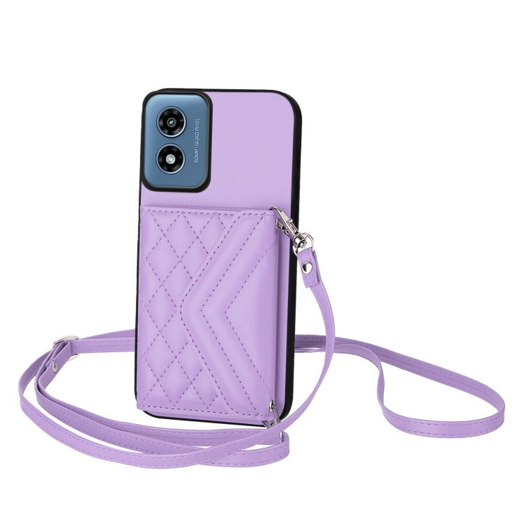 For Motorola Moto G Play 2024 5G Rhombic Texture Card Bag RFID Phone Case with Long Lanyard(Light Purple) - Motorola Cases by buy2fix | Online Shopping UK | buy2fix