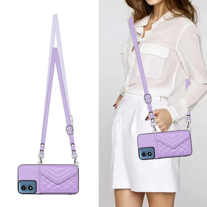 For Motorola Moto G Play 2024 5G Rhombic Texture Card Bag RFID Phone Case with Long Lanyard(Light Purple) - Motorola Cases by buy2fix | Online Shopping UK | buy2fix