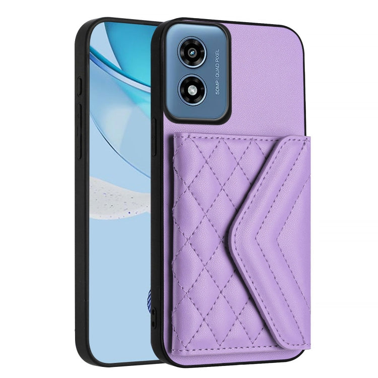 For Motorola Moto G Play 2024 5G Rhombic Texture Card Bag RFID Phone Case with Long Lanyard(Light Purple) - Motorola Cases by buy2fix | Online Shopping UK | buy2fix