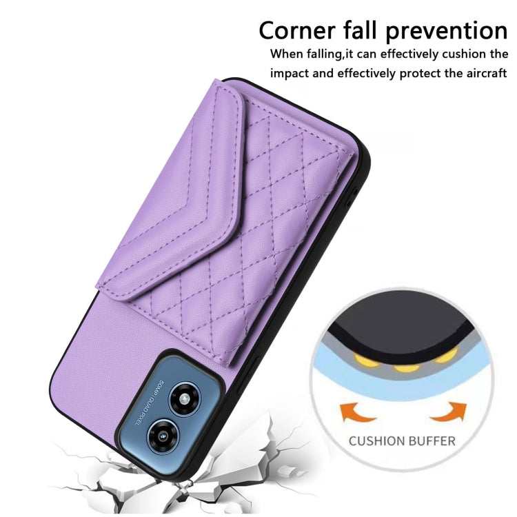 For Motorola Moto G Play 2024 5G Rhombic Texture Card Bag RFID Phone Case with Long Lanyard(Light Purple) - Motorola Cases by buy2fix | Online Shopping UK | buy2fix