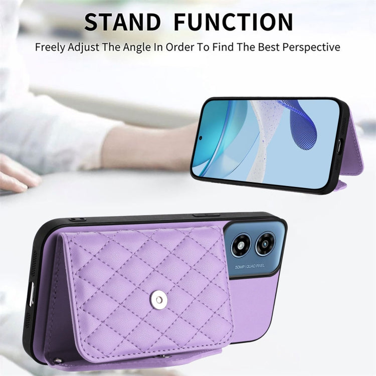 For Motorola Moto G Play 2024 5G Rhombic Texture Card Bag RFID Phone Case with Long Lanyard(Light Purple) - Motorola Cases by buy2fix | Online Shopping UK | buy2fix