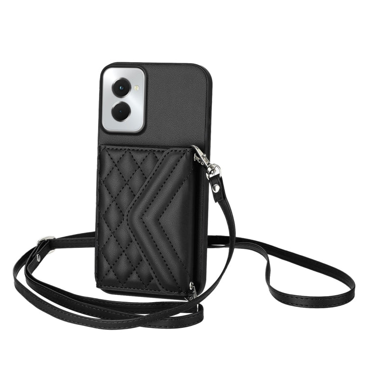 For Motorola Moto G Power 2024 5G Rhombic Texture Card Bag RFID Phone Case with Long Lanyard(Black) - Motorola Cases by buy2fix | Online Shopping UK | buy2fix