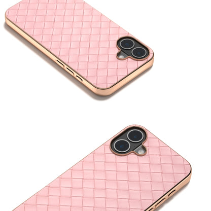 For iPhone 16 Plus Electroplated Frame Woven Texture PU Phone Case(Pink) - iPhone 16 Plus Cases by buy2fix | Online Shopping UK | buy2fix