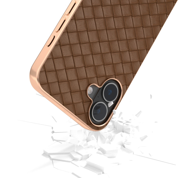 For iPhone 16 Electroplated Frame Woven Texture PU Phone Case(Brown) - iPhone 16 Cases by buy2fix | Online Shopping UK | buy2fix