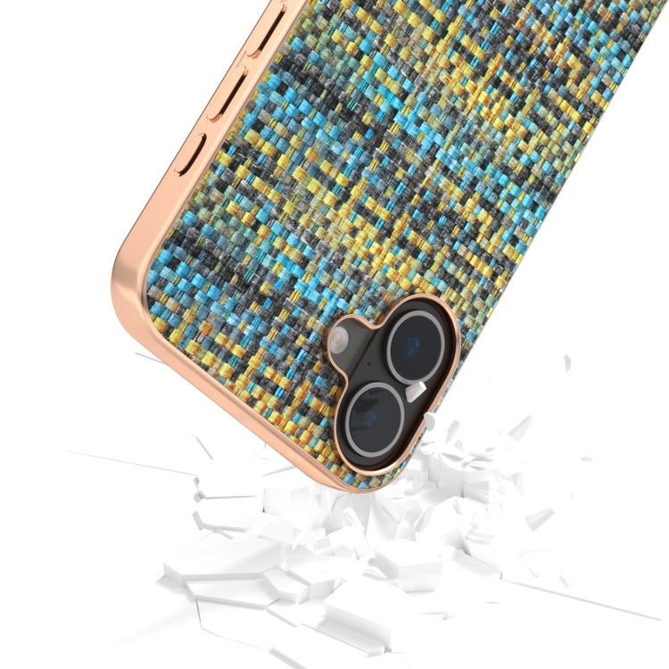 For iPhone 16 Electroplated Frame Color Lattice Texture PU Phone Case(Gold) - iPhone 16 Cases by buy2fix | Online Shopping UK | buy2fix