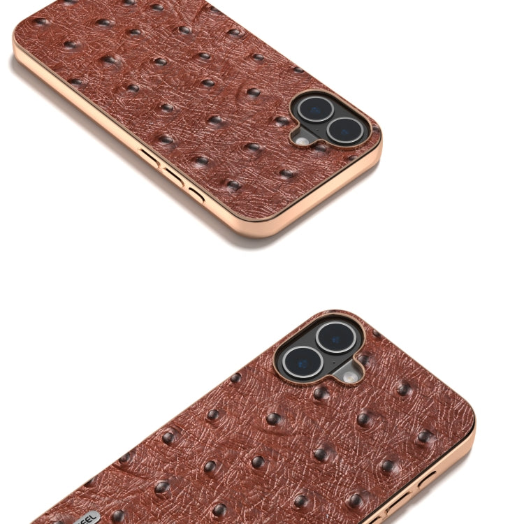 For iPhone 16 Plus ABEEL Electroplating Frame Genuine Leather Ostrich Texture Phone Case(Coffee) - iPhone 16 Plus Cases by buy2fix | Online Shopping UK | buy2fix