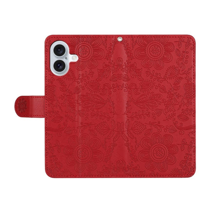 For iPhone 16 Plus Floral Embossed Pattern Leather Phone Case(Red) - iPhone 16 Plus Cases by buy2fix | Online Shopping UK | buy2fix