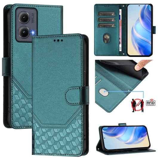 For Motorola Edge 5G 2024 Honeycomb Embossing RFID Leather Phone Case(Peacock Green) - Motorola Cases by buy2fix | Online Shopping UK | buy2fix