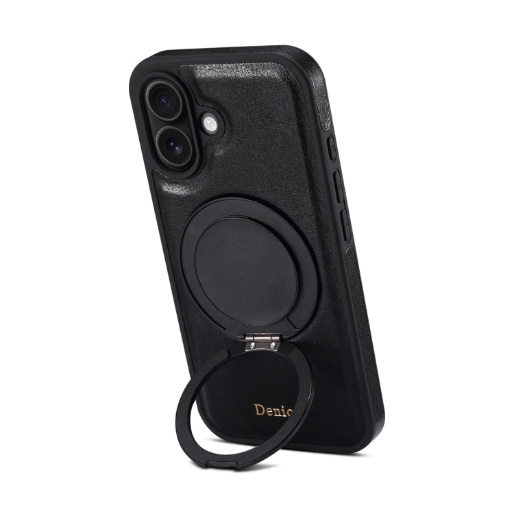 For iPhone 16 Denior A17 Genuine Leather Gear Magnetic Holder Phone Case(Black) - iPhone 16 Cases by Denior | Online Shopping UK | buy2fix