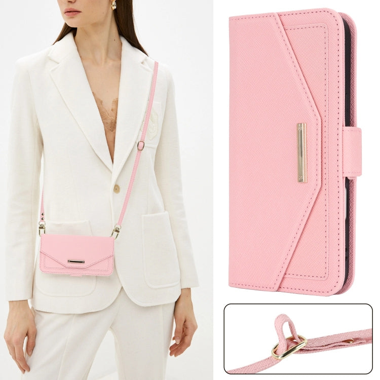 For iPhone 16 Plus Cross Texture Crossbody Lanyard Leather Phone Case(Pink) - iPhone 16 Plus Cases by buy2fix | Online Shopping UK | buy2fix