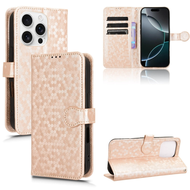 For iPhone 16 Pro Honeycomb Dot Texture Leather Phone Case(Gold) - iPhone 16 Pro Cases by buy2fix | Online Shopping UK | buy2fix