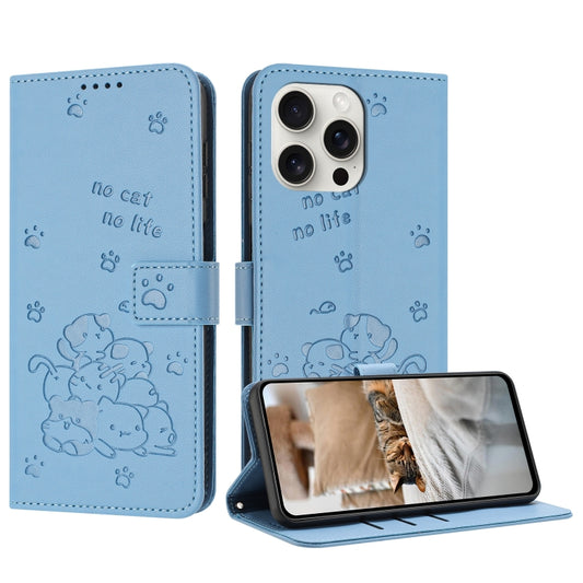 For iPhone 16 Pro Embossed Kitten Phone Leather Case with Lanyard(Blue) - iPhone 16 Pro Cases by buy2fix | Online Shopping UK | buy2fix