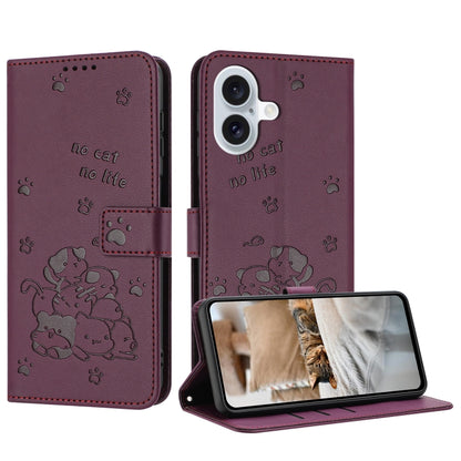 For iPhone 16 Plus Embossed Kitten Phone Leather Case with Lanyard(Wine Red) - iPhone 16 Plus Cases by buy2fix | Online Shopping UK | buy2fix