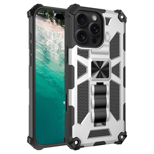 For iPhone 16 Pro Armor Shockproof TPU Hybrid PC Magnetic Phone Case with Holder(Silver) - iPhone 16 Pro Cases by buy2fix | Online Shopping UK | buy2fix