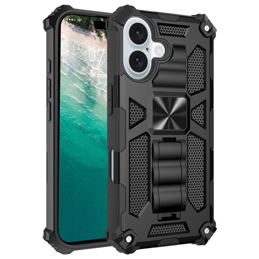 For iPhone 16 Armor Shockproof TPU Hybrid PC Magnetic Phone Case with Holder(Black) - iPhone 16 Cases by buy2fix | Online Shopping UK | buy2fix