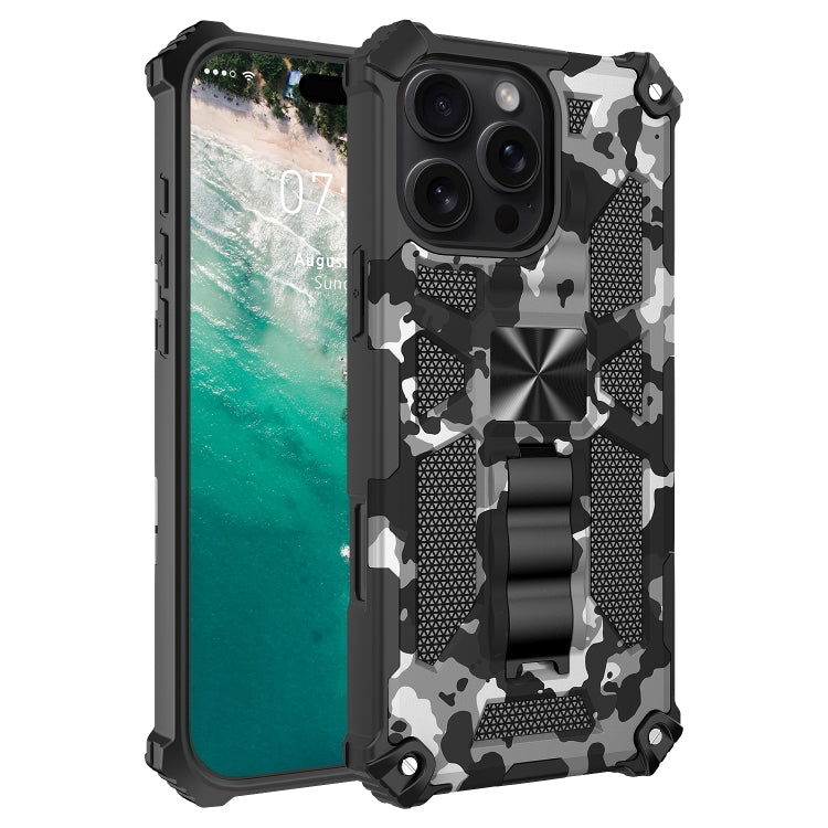 For iPhone 16 Pro Camouflage Armor Kickstand TPU Hybrid PC Magnetic Phone Case(Black) - iPhone 16 Pro Cases by buy2fix | Online Shopping UK | buy2fix