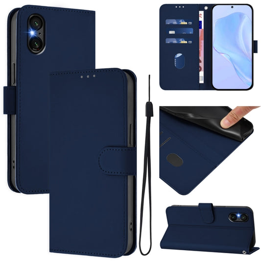 For Sony Xperia 5 VI 2024 Skin Feel Solid Color Leather Phone Case with Lanyard(Navy Blue) - Sony Cases by buy2fix | Online Shopping UK | buy2fix