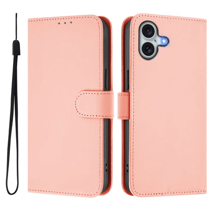 For iPhone 16 Plus Skin Feel Solid Color Leather Phone Case with Lanyard(Pink) - iPhone 16 Plus Cases by buy2fix | Online Shopping UK | buy2fix