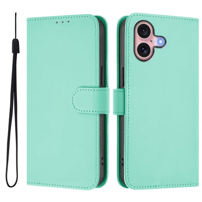 For iPhone 16 Skin Feel Solid Color Leather Phone Case with Lanyard(Mint Green) - iPhone 16 Cases by buy2fix | Online Shopping UK | buy2fix