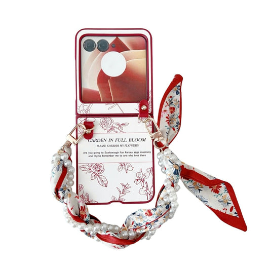 For Motorola Razr 50 Sketch Flower Pattern Phone Case with Scarf Bracelet(Rose) - Motorola Cases by buy2fix | Online Shopping UK | buy2fix