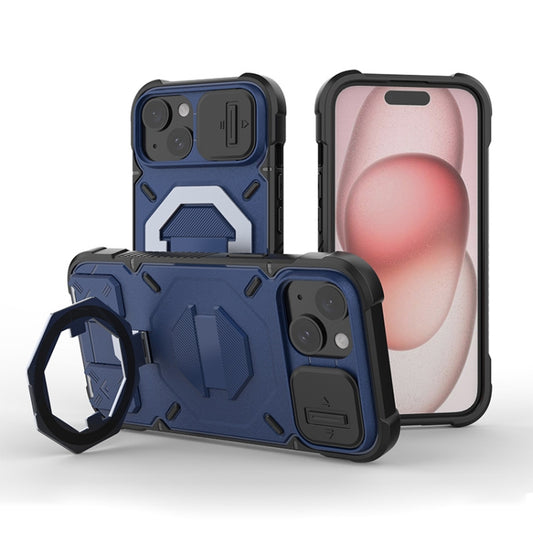 For iPhone 15 Camera Shield Armor MagSafe Holder Phone Case with Strap(Sapphire Blue) - iPhone 15 Cases by buy2fix | Online Shopping UK | buy2fix