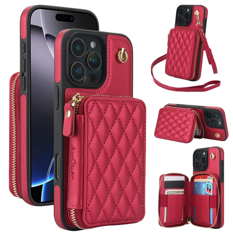 For iPhone 16 Pro AwQuer Crossbody Zipper Wallet Rhombic Leather Back Phone Case(Red) - iPhone 16 Pro Cases by Awquer | Online Shopping UK | buy2fix