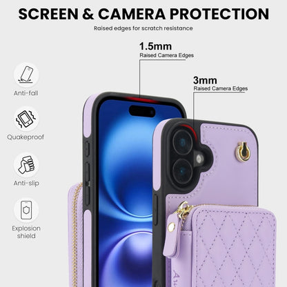 For iPhone 16 AwQuer Crossbody Zipper Wallet Rhombic Leather Back Phone Case(Purple) - iPhone 16 Cases by Awquer | Online Shopping UK | buy2fix