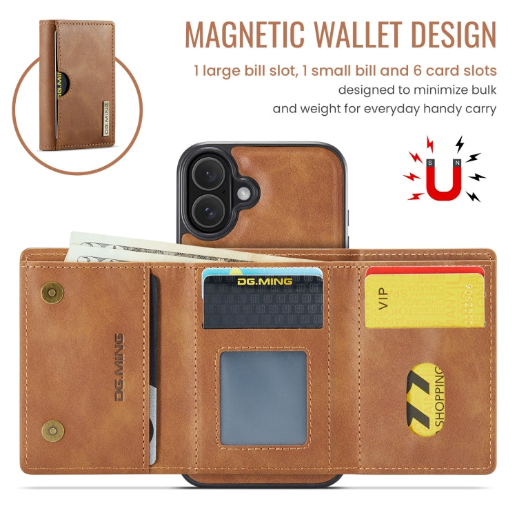 For iPhone 16 Plus DG.MING M6 Series RFID Tri-fold Card Bag Removable Leather Phone Case(Brown) - iPhone 16 Plus Cases by DG.MING | Online Shopping UK | buy2fix