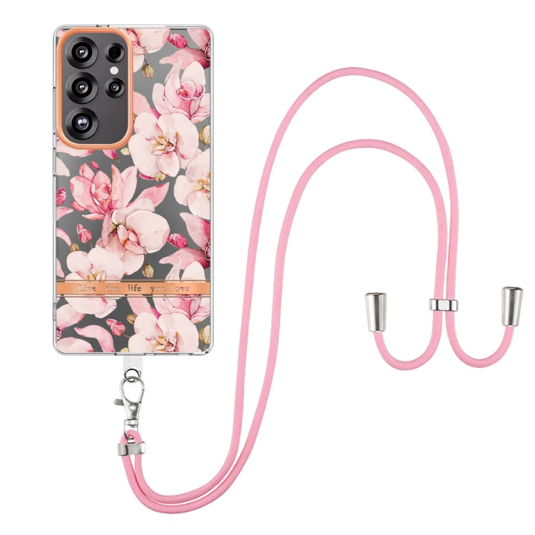 For Samsung Galaxy S25 Ultra 5G Flowers and Plants Series IMD TPU Phone Case with Lanyard(Pink Gardenia) - Galaxy S25 Ultra 5G Cases by buy2fix | Online Shopping UK | buy2fix