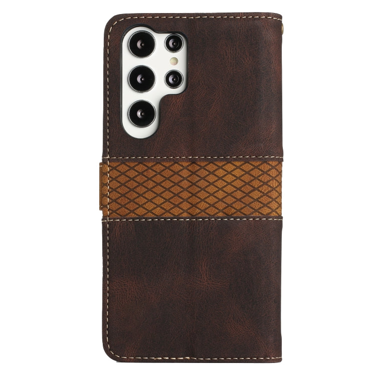 For Samsung Galaxy S25 Ultra 5G Grid Stitching Leather Phone Case with Lanyard(Brown) - Galaxy S25 Ultra 5G Cases by buy2fix | Online Shopping UK | buy2fix