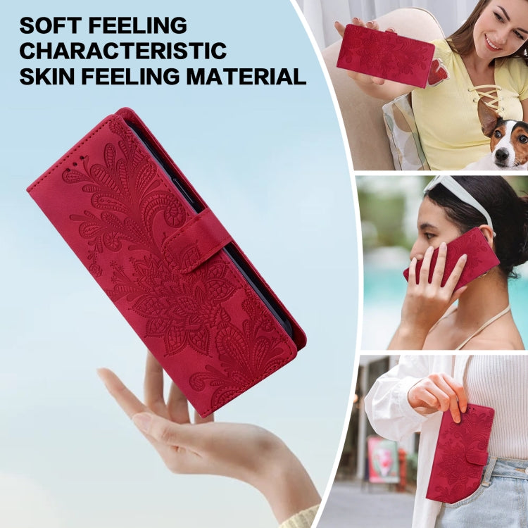 For Samsung Galaxy S25 Ultra 5G Lace Floral Embossed Magnetic Buckle PU Phone Case With Wrist Strap(Red) - Galaxy S25 Ultra 5G Cases by buy2fix | Online Shopping UK | buy2fix