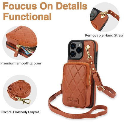 For iPhone 16 Pro Max AwQuer Crossbody Zipper Wallet Bag Litchi Leather Phone Case(Brown) - iPhone 16 Pro Max Cases by Awquer | Online Shopping UK | buy2fix