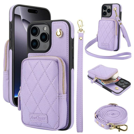 For iPhone 16 Pro AwQuer Crossbody Zipper Wallet Bag Litchi Leather Phone Case(Light Purple) - iPhone 16 Pro Cases by Awquer | Online Shopping UK | buy2fix