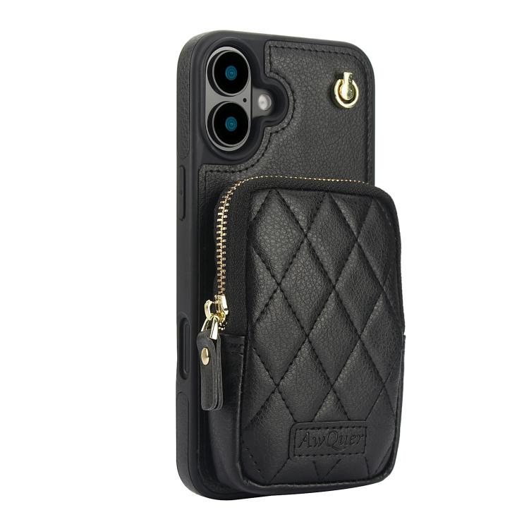 For iPhone 16 Plus AwQuer Crossbody Zipper Wallet Bag Litchi Leather Phone Case(Black) - iPhone 16 Plus Cases by Awquer | Online Shopping UK | buy2fix