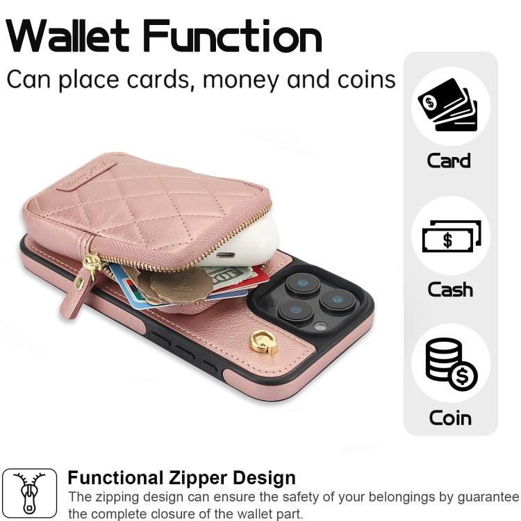 For iPhone 16 AwQuer Crossbody Zipper Wallet Bag Litchi Leather Phone Case(Rose Gold) - iPhone 16 Cases by Awquer | Online Shopping UK | buy2fix