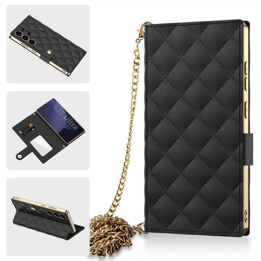 For Samsung Galaxy S25 Ultra 5G GKK Plating Diamond Texture Leather Phone Case With Crossbody Chain(Black) - Galaxy S25 Ultra 5G Cases by GKK | Online Shopping UK | buy2fix