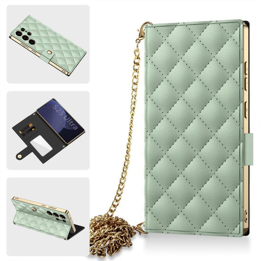 For Samsung Galaxy S25 Ultra 5G GKK Plating Diamond Texture Leather Phone Case With Crossbody Chain(Matcha Green) - Galaxy S25 Ultra 5G Cases by GKK | Online Shopping UK | buy2fix