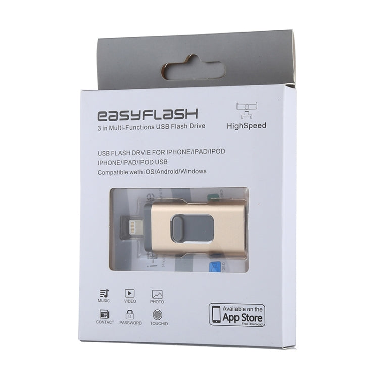 easyflash RQW-01B 3 in 1 USB 2.0 & 8 Pin & Micro USB 16GB Flash Drive(Gold) - U Disk & Card Reader by buy2fix | Online Shopping UK | buy2fix