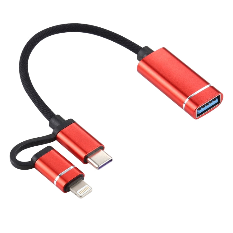 USB 3.0 Female to 8 Pin + USB-C / Type-C Male Charging + Transmission OTG Nylon Braided Adapter Cable, Cable Length: 11cm(Red) - Converter & Adapter by buy2fix | Online Shopping UK | buy2fix