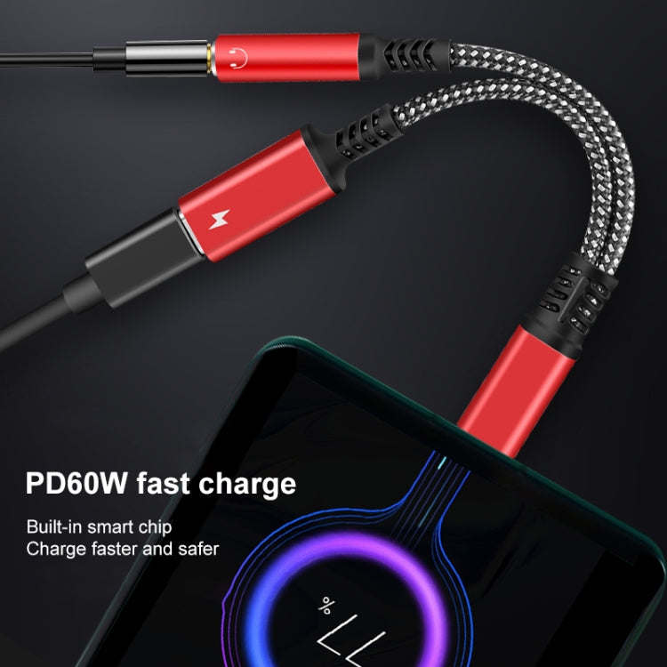 2 in 1 USB-C / Type-C Male to PD 60W USB-C / Type-C Charging + 3.5mm Audio Female Earphone Adapter (Red) - Type-C Adapter by buy2fix | Online Shopping UK | buy2fix