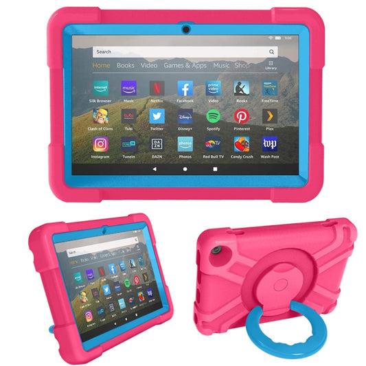 For Amazon Kindle Fire HD8 (2020) PC + Silicone Shockproof Combination Case with 360 Degree Rotating Holder & Handle(Rose Red + Blue) -  by buy2fix | Online Shopping UK | buy2fix