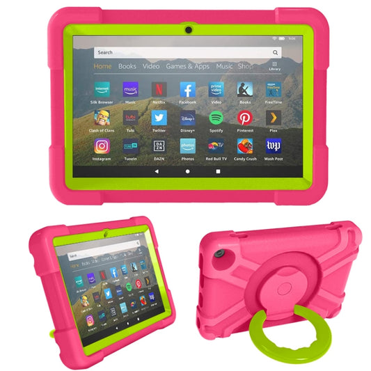 For Amazon Kindle Fire HD8 (2020) PC + Silicone Shockproof Combination Case with 360 Degree Rotating Holder & Handle(Rose Red + Grass Green) -  by buy2fix | Online Shopping UK | buy2fix