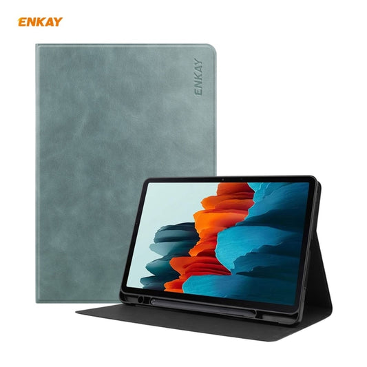 ENKAY ENK-8026 Cow Texture PU Leather + TPU Smart Case with Pen Slot for Samsung Galaxy Tab S8 / Galaxy Tab S7 11.0 T870 / T875(Green) - Galaxy Tab S8 Cases by ENKAY | Online Shopping UK | buy2fix