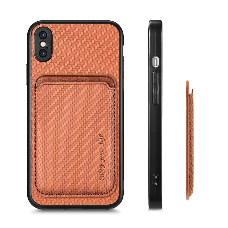 For iPhone X / XS Carbon Fiber Leather Card Magsafe Magnetic Phone Case(Brown) - More iPhone Cases by buy2fix | Online Shopping UK | buy2fix